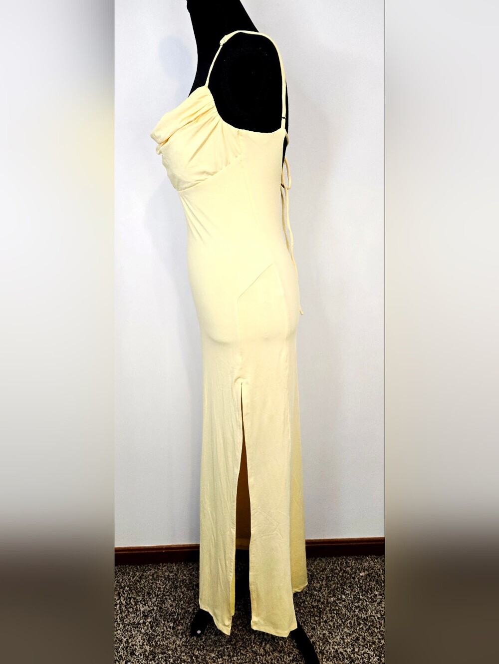 Hello Molly Butter Yellow Cowl Neck Maxi Dress Open Back Side Slit Formal Beachy - Picture 6 of 9